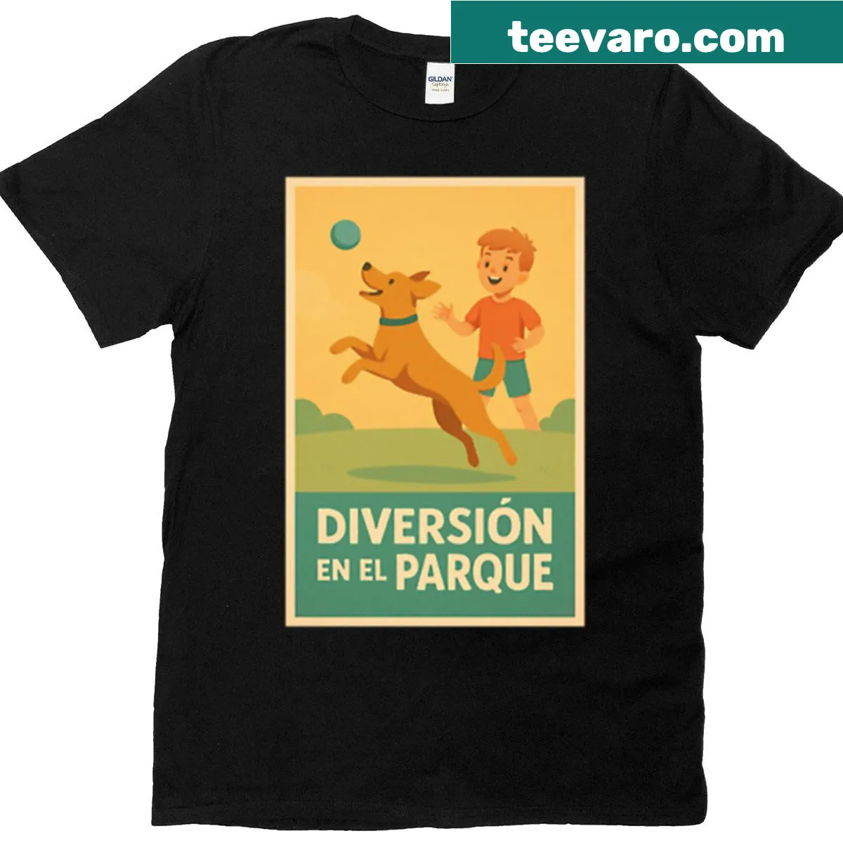 Charming oversized t-shirt with illustration of dog and owner playing — on a men's t-shirt