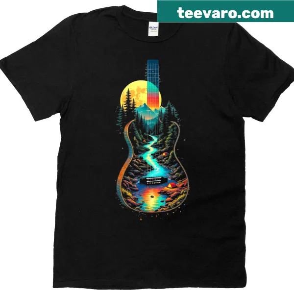 Nature-themed t-shirt with guitar, lake, and forest illustration