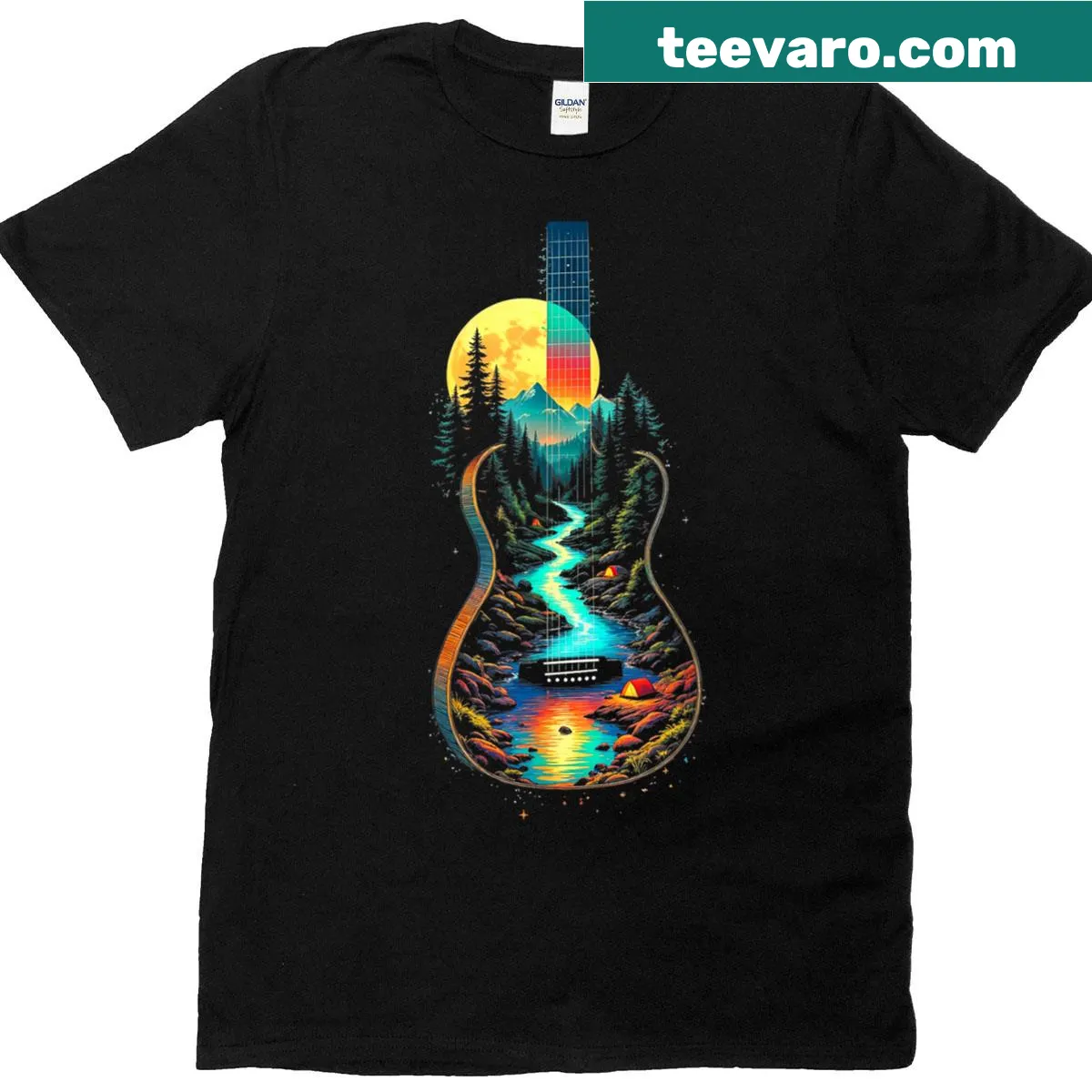 Nature-themed t-shirt with guitar, lake, and forest illustration — on a men's t-shirt