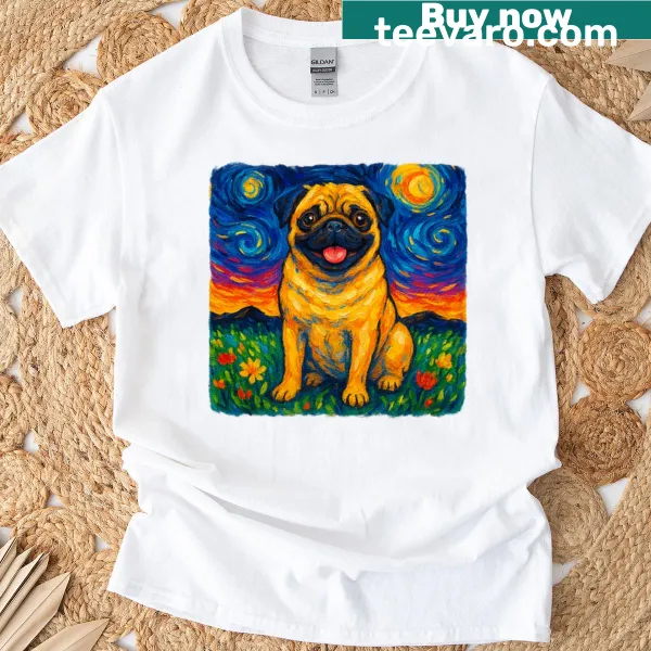 Illustration of a pug in a starry night setting inspired by Van Gogh
