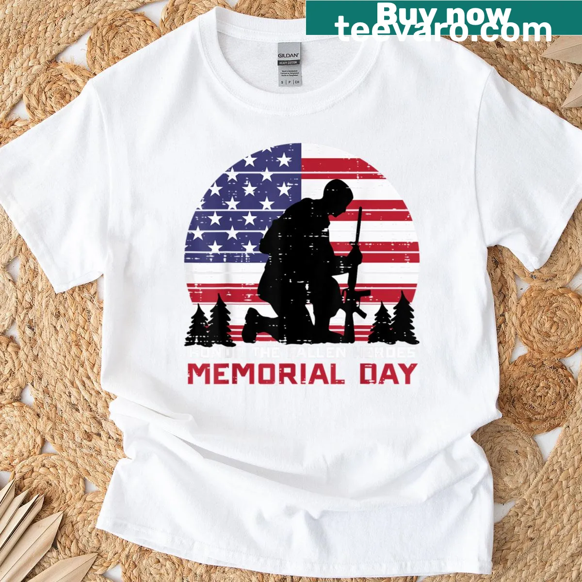 Memorial Day t-shirt with US flag design and tribute text — on a men's t-shirt