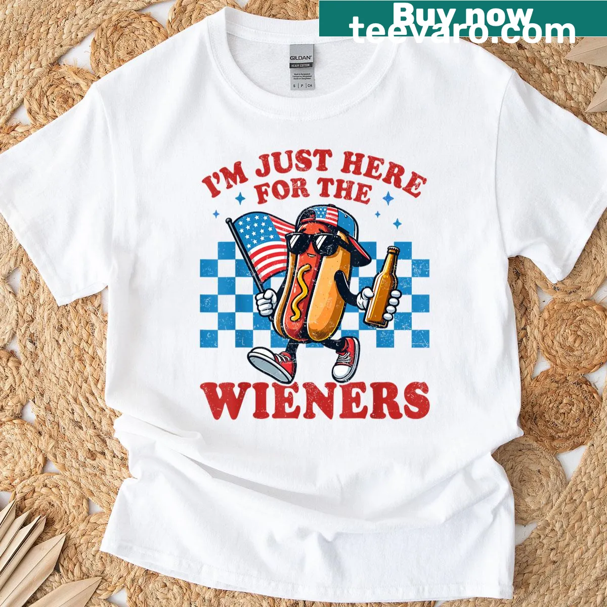 Funny 4th of July T-shirt with humorous text about hot dogs — on a men's t-shirt