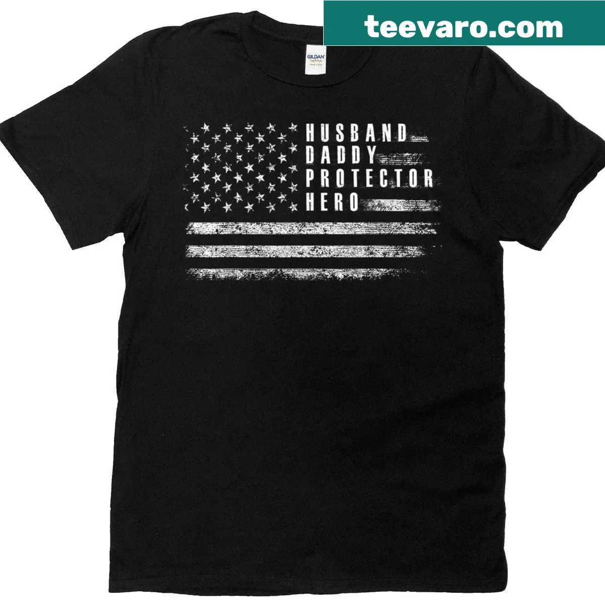 T-shirt with Husband Daddy Protector Hero and American flag design — on a men's t-shirt