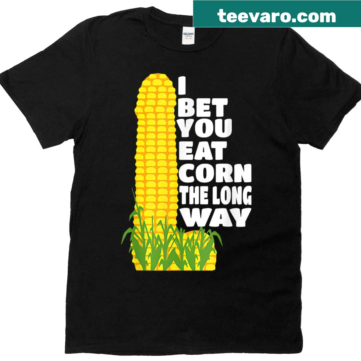 Funny graphic tee with text about eating corn — on a men's t-shirt