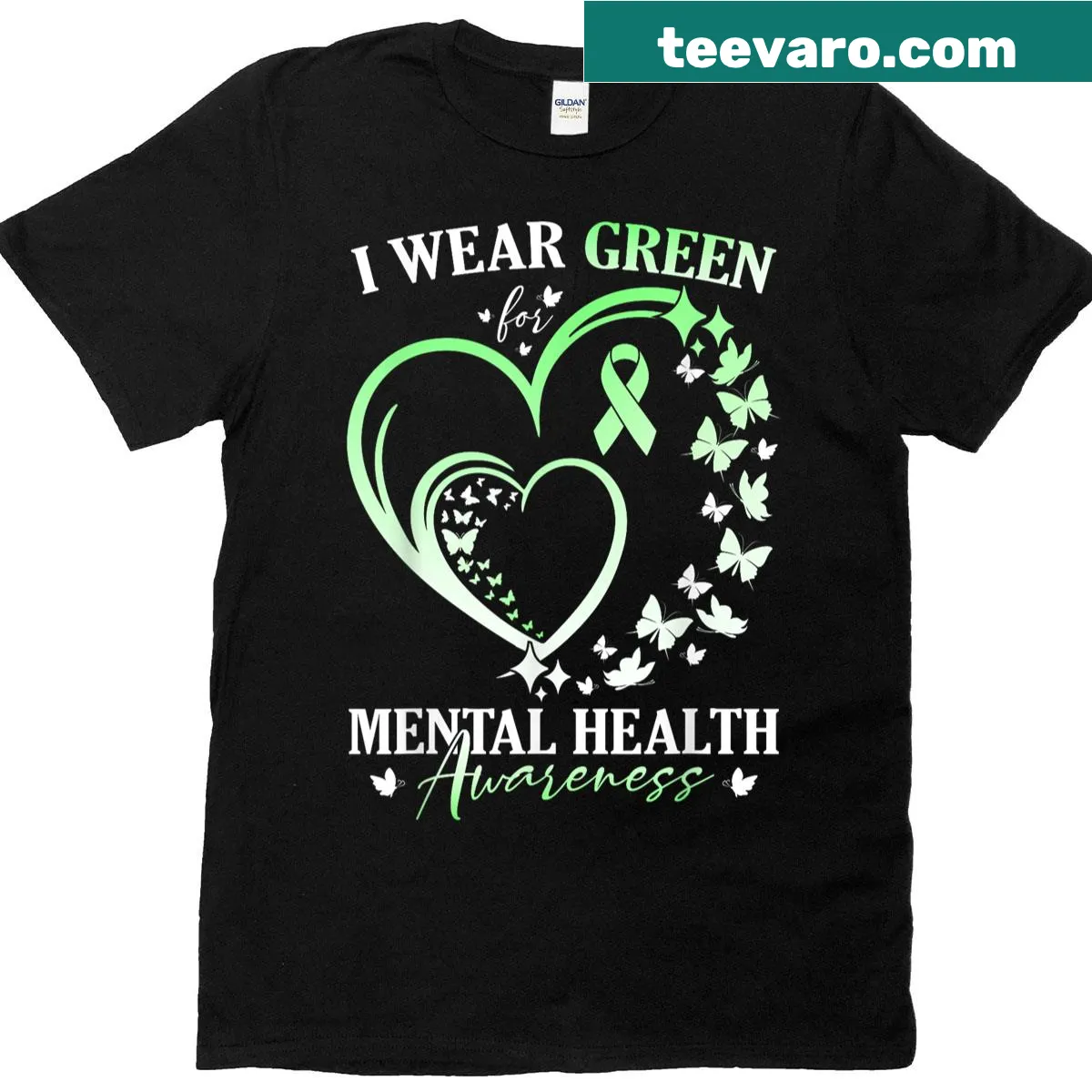 Heart-shaped butterfly design on a green shirt for mental health awareness — on a men's t-shirt