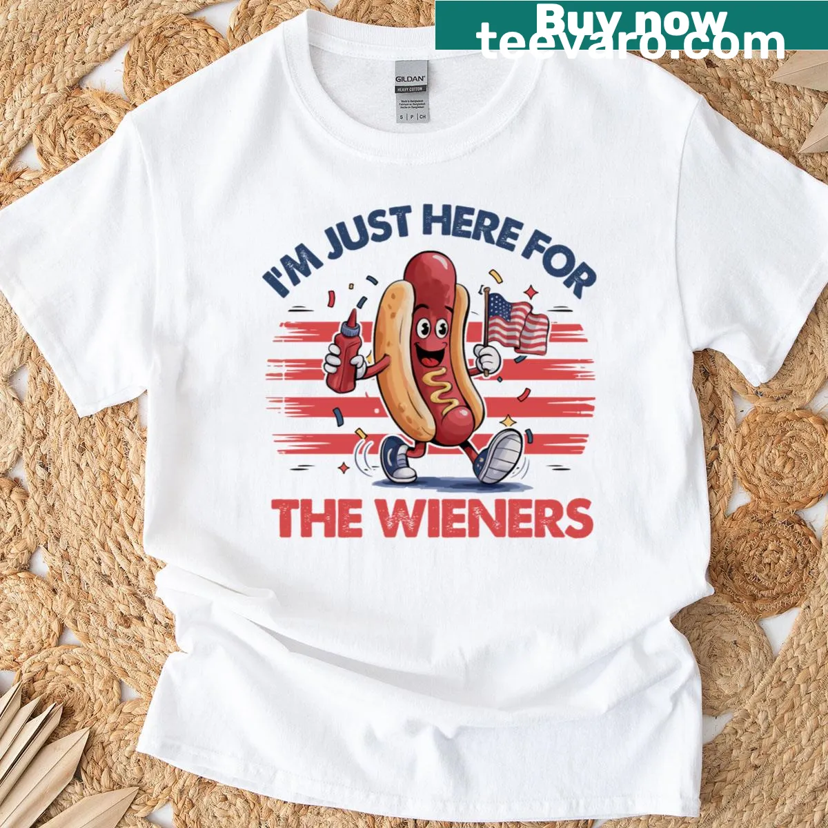 Patriotic T-shirt featuring a fun graphic about Independence Day wieners. — on a men's t-shirt