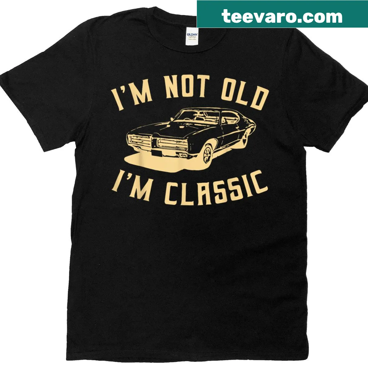 Vintage-style T-shirt with car graphic and humorous text about aging — on a men's t-shirt