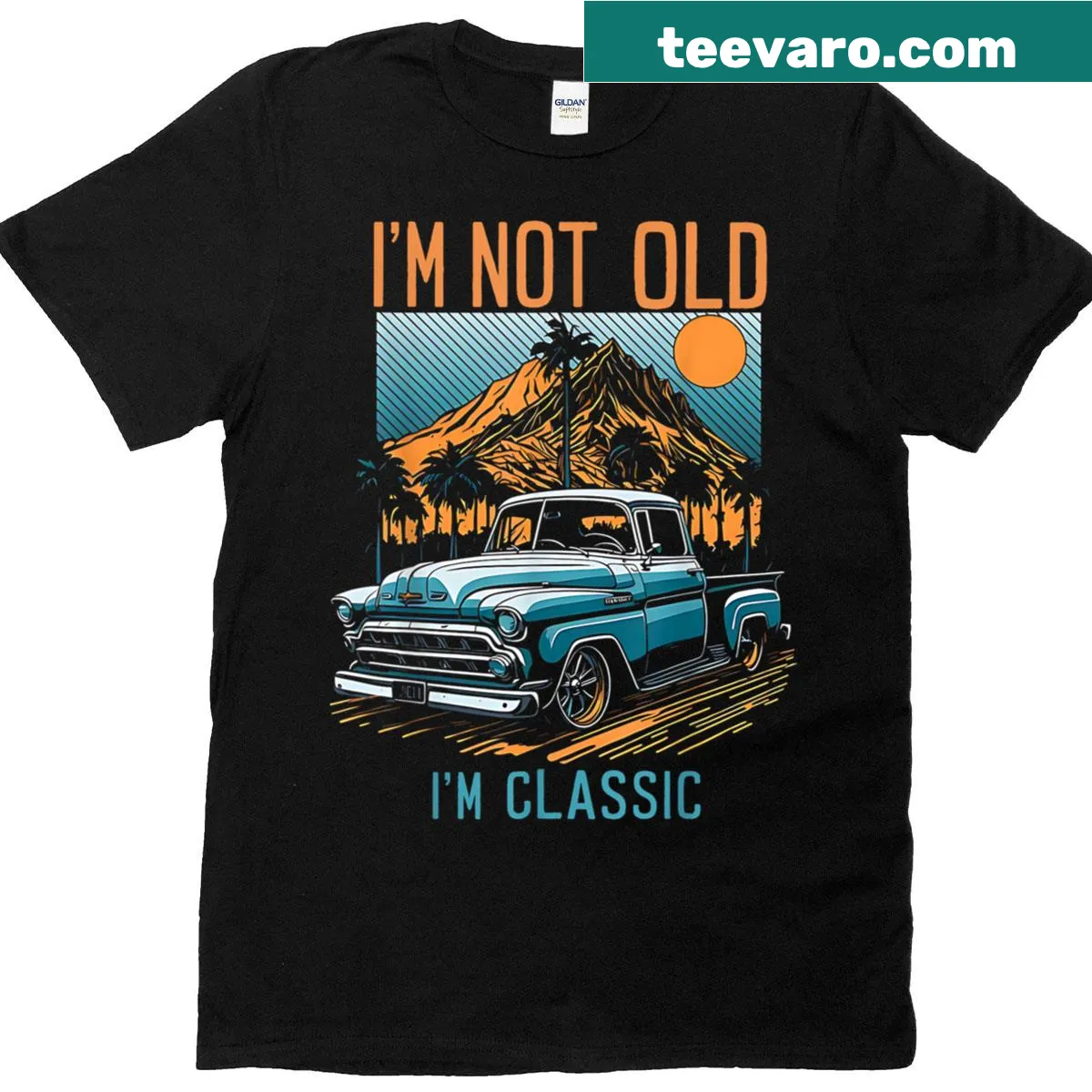 Retro design T-shirt with vintage truck and sunset graphic — on a men's t-shirt