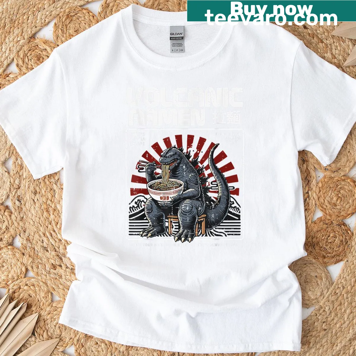 Kaiju monster ramen art graphic t-shirt — on a men's t-shirt