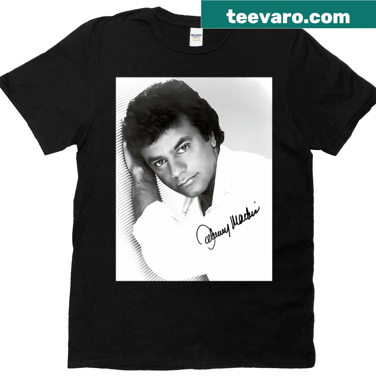 T-shirt featuring Johnny Mathis autograph graphic — on a men's t-shirt