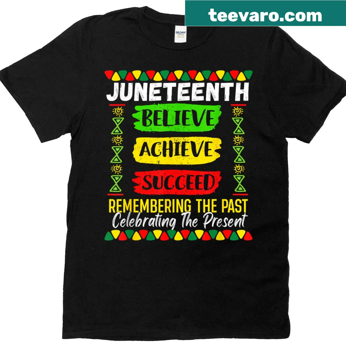 T-shirt celebrating Juneteenth with Believe Achieve Succeed print — on a men's t-shirt