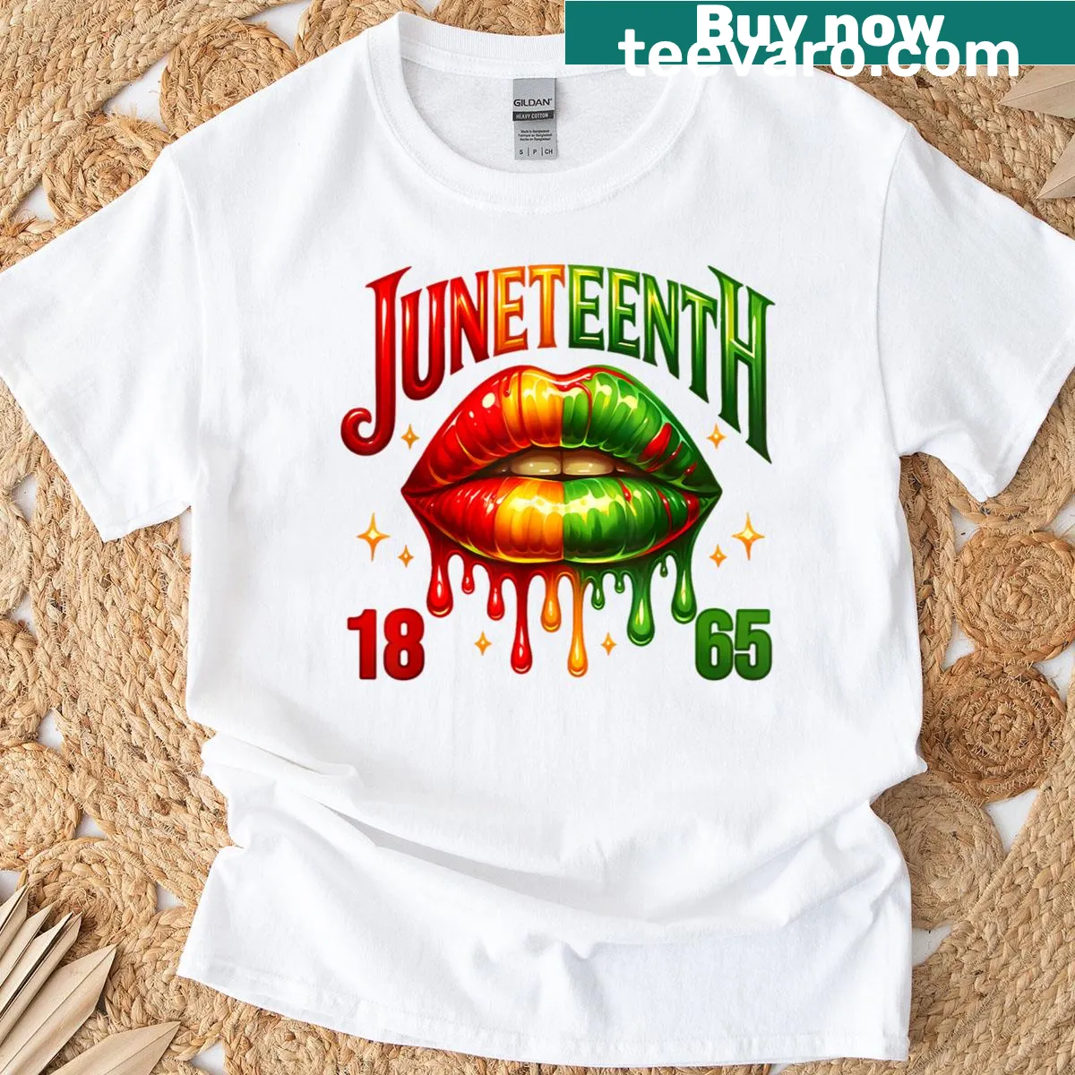 Artistic T-shirt with dripping melanin lips and 1865 text — on a men's t-shirt