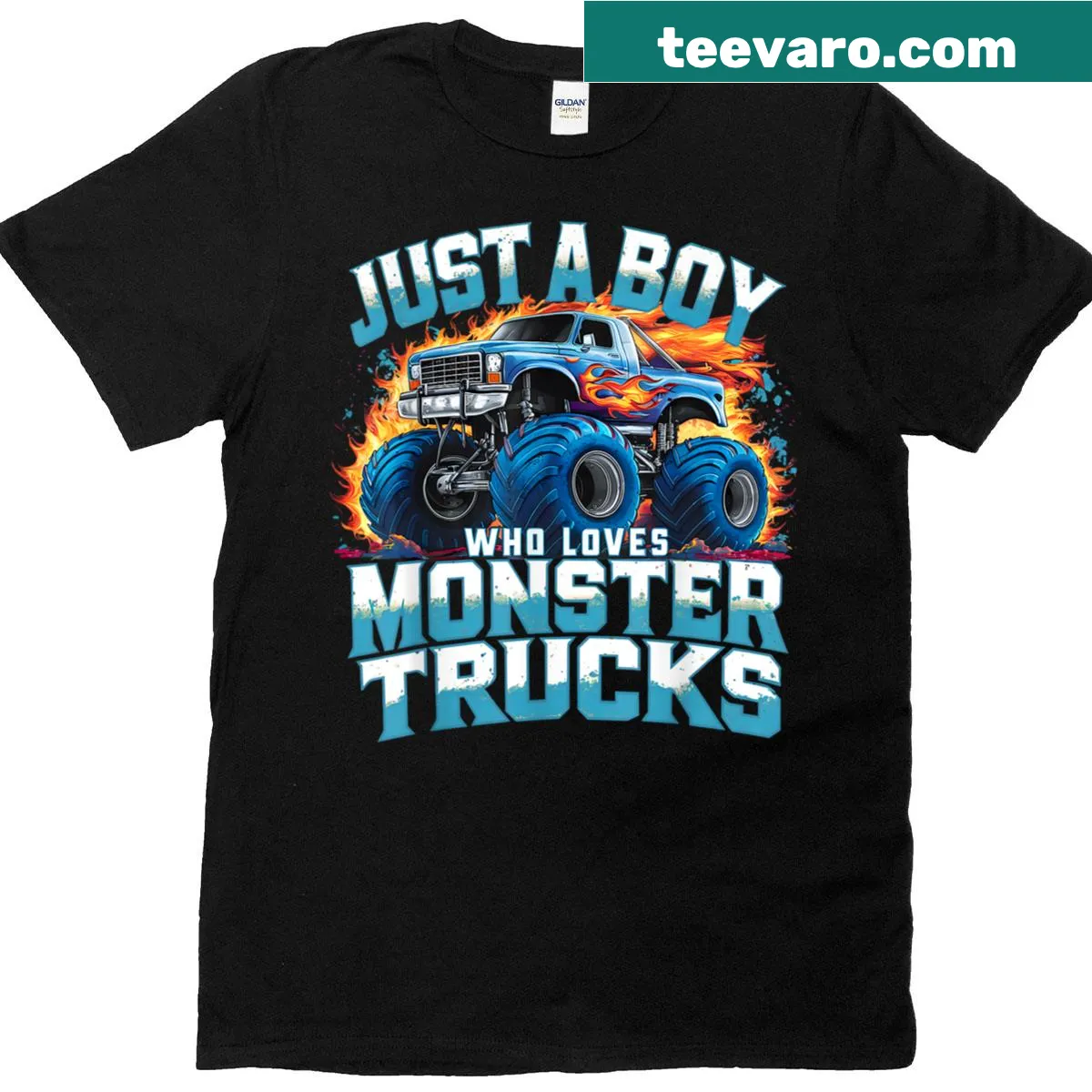 Cartoon monster truck T-shirt with text Just A Boy Who Loves Monster Trucks — on a men's t-shirt