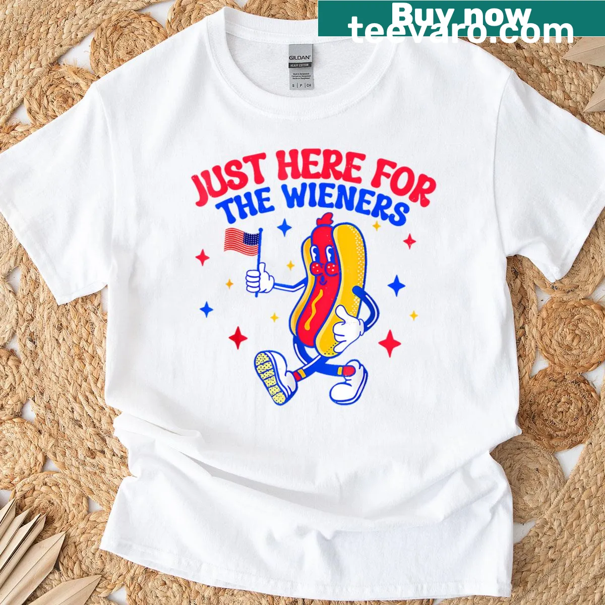 Text t-shirt stating Just Here For The Hot Dog Wieners for Fourth of July — on a men's t-shirt