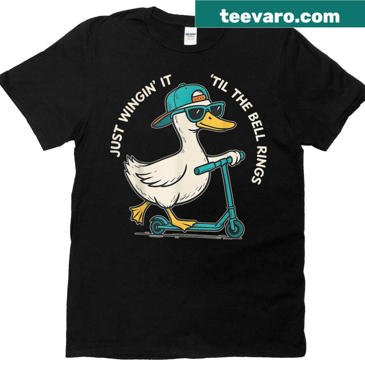 Funny teacher t-shirt with cartoon goose and phrase about winging it — on a men's t-shirt