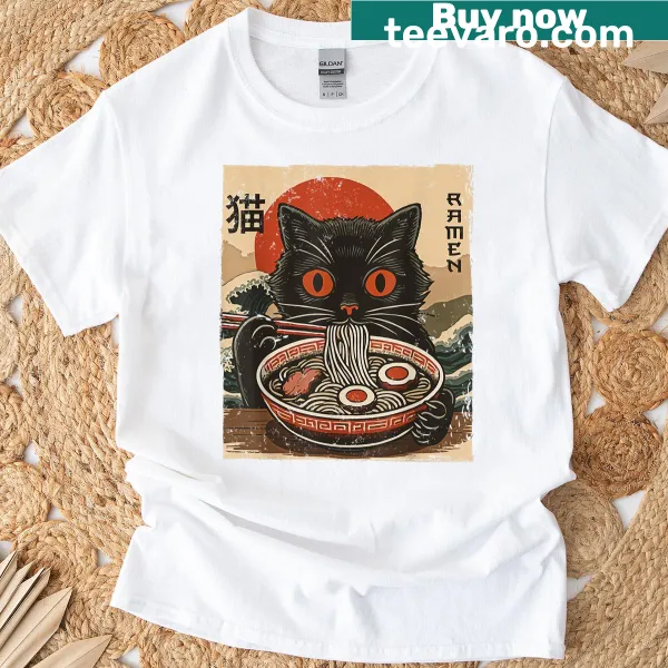 Kawaii anime cat with ramen graphic on a humorous t-shirt