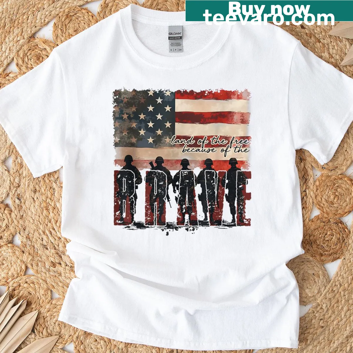 Patriotic t-shirt with the phrase Land Of The Free Because Of The Brave — on a men's t-shirt