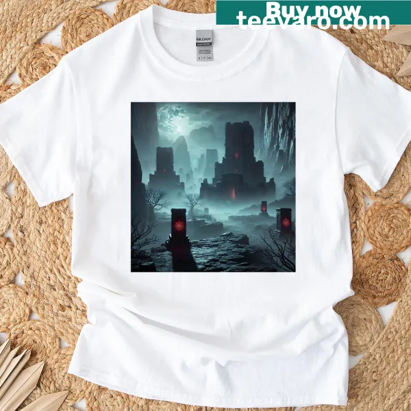 Sorcerer in a dark landscape graphic T-shirt, capturing dark fantasy elements.