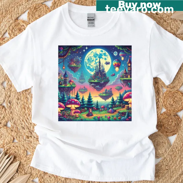 Pixel art landscape depicting a fantastic world