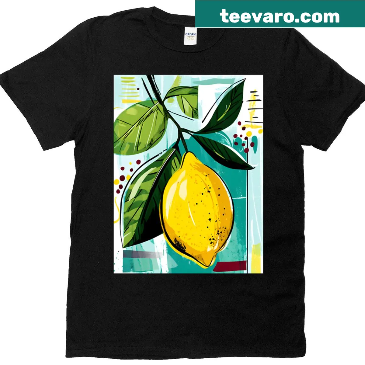 Illustration of a lemon surrounded by green leaves on t-shirt — on a men's t-shirt