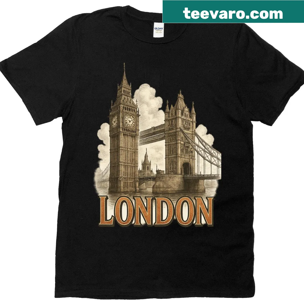 Illustration of London landmarks on oversized t-shirt — on a men's t-shirt
