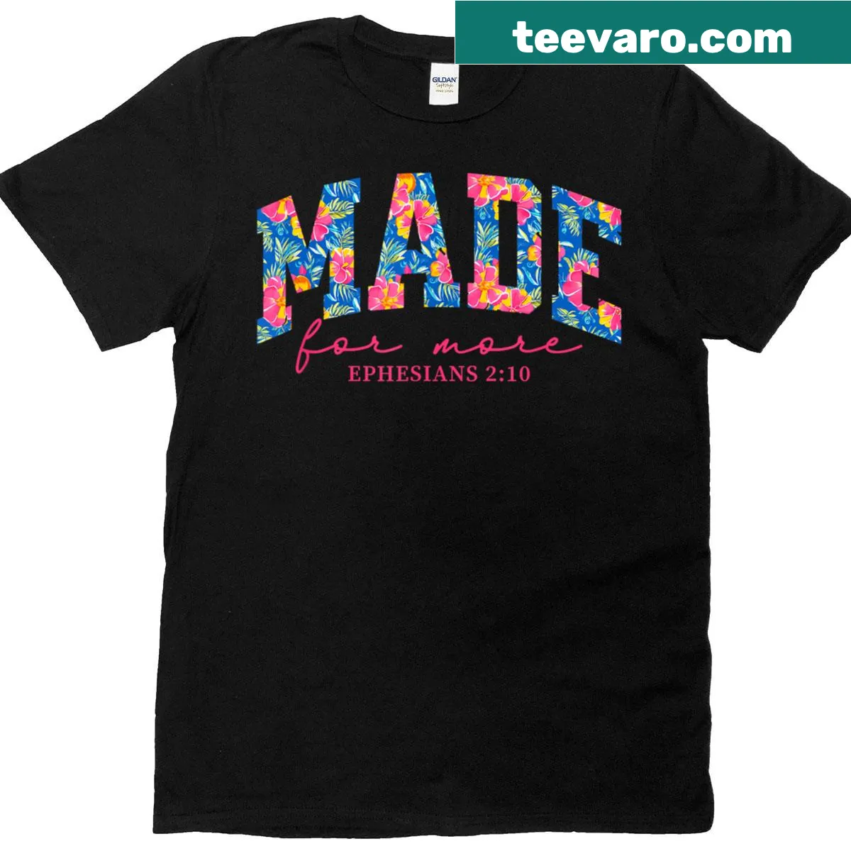 Bright floral design with Ephesians 2:10 scripture on a t-shirt — on a men's t-shirt