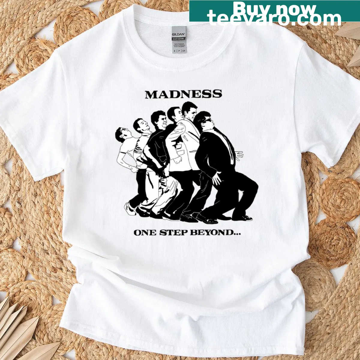 Vintage-style Madness punk rock band graphic t-shirt — on a men's t-shirt