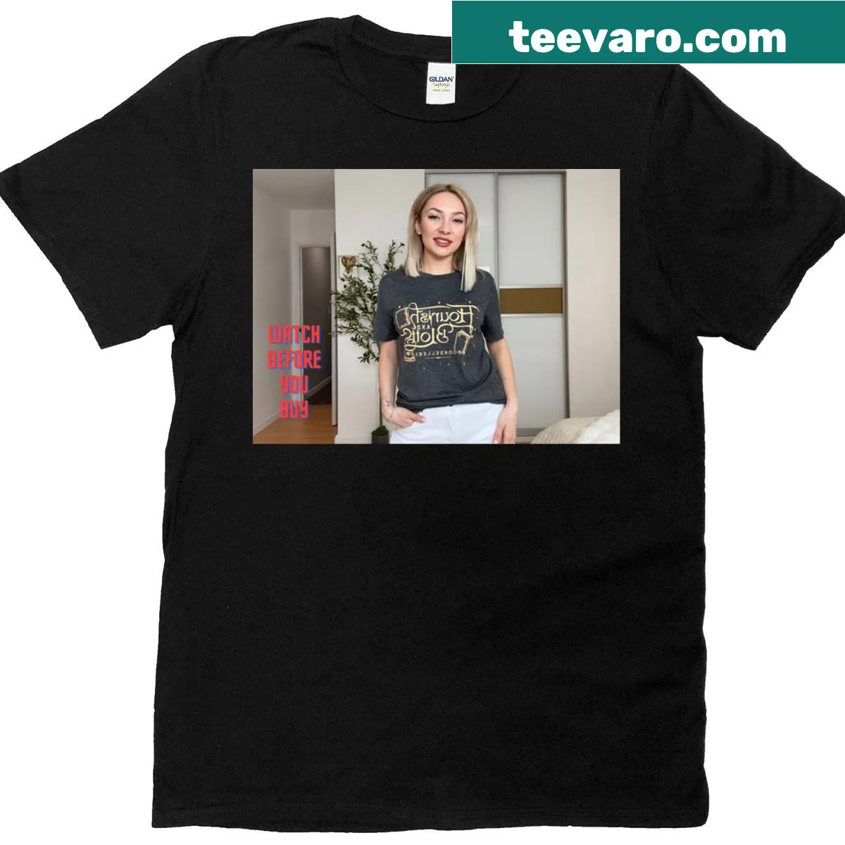 Graphic T-shirt featuring Flourish and Blotts bookstore from the wizarding world — on a men's t-shirt