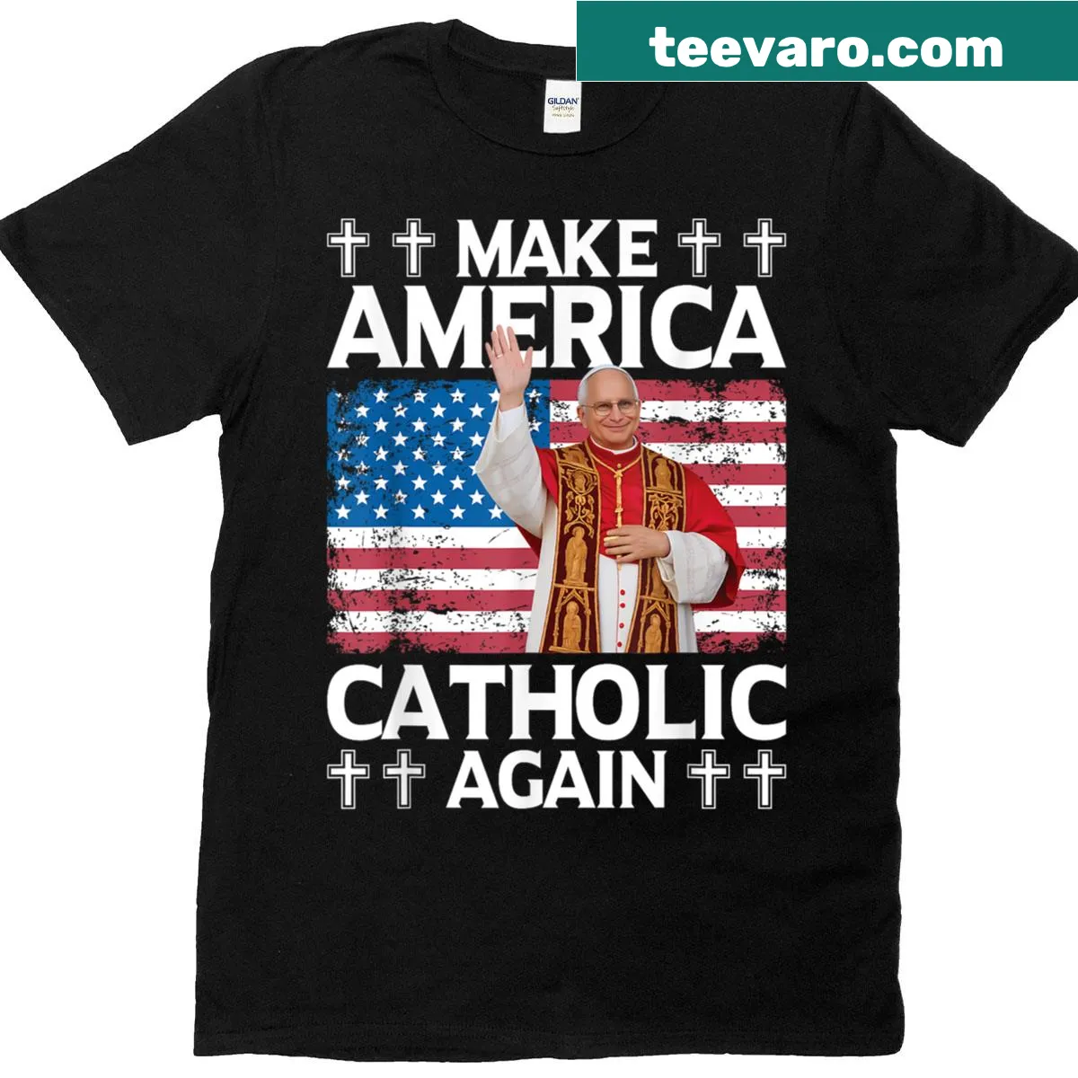 Elegant T-shirt with 'Make America Catholic Again' and Pope Leo XIV design. — on a men's t-shirt