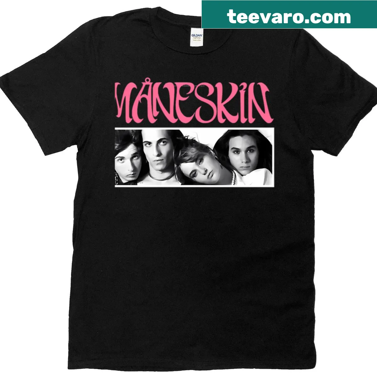 T-shirt featuring a tribute design to the band Maneskin — on a men's t-shirt