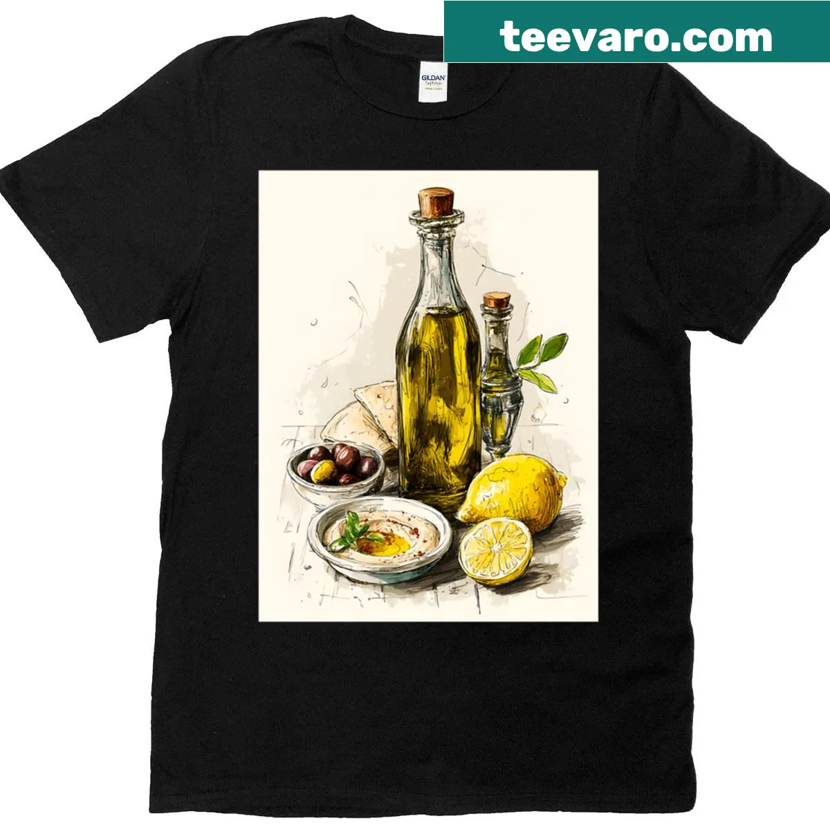 Rustic illustrated T-shirt featuring Mediterranean ingredients like olive oil and lemons. — on a men's t-shirt