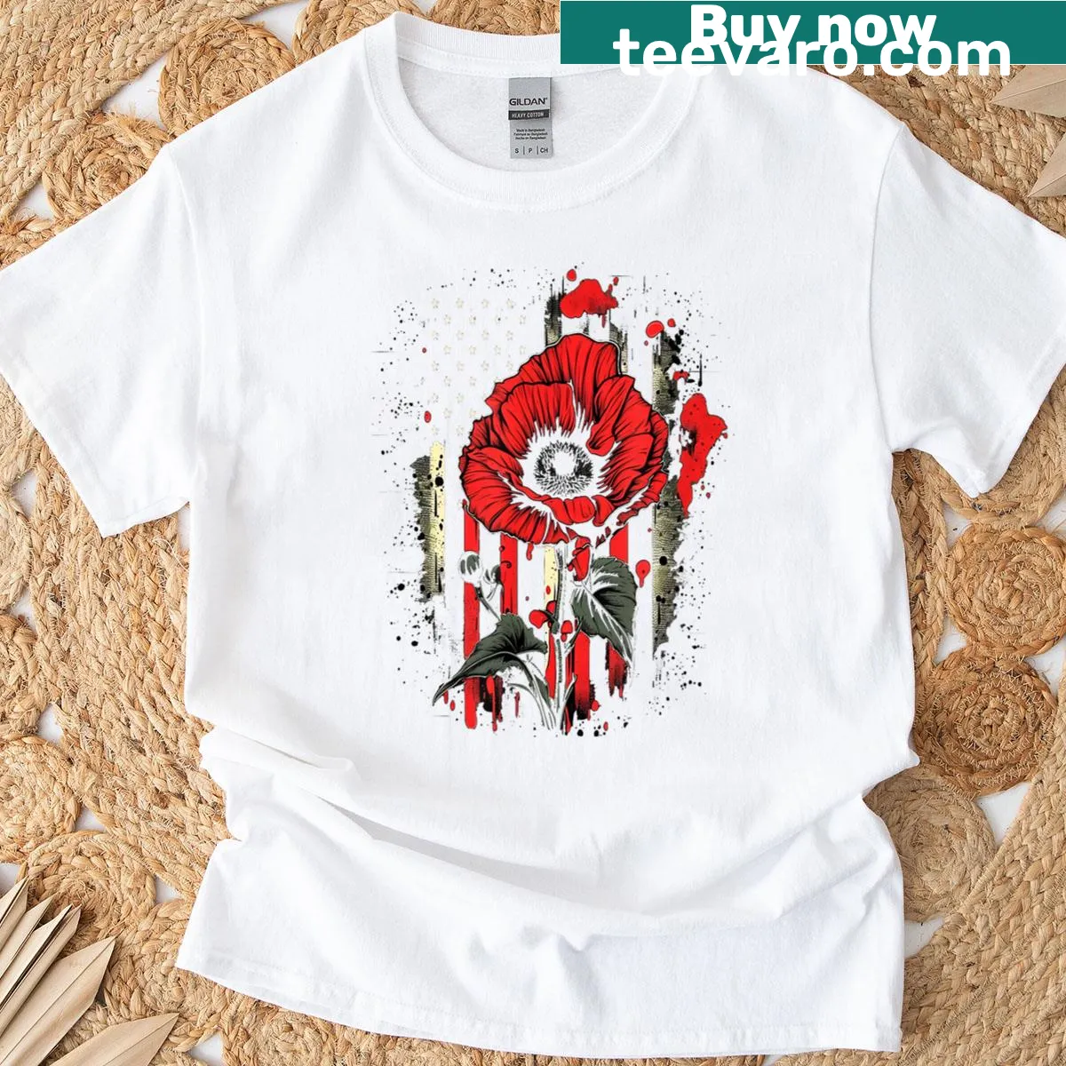 T-shirt with red poppy flower and American flag graphic design. — on a men's t-shirt