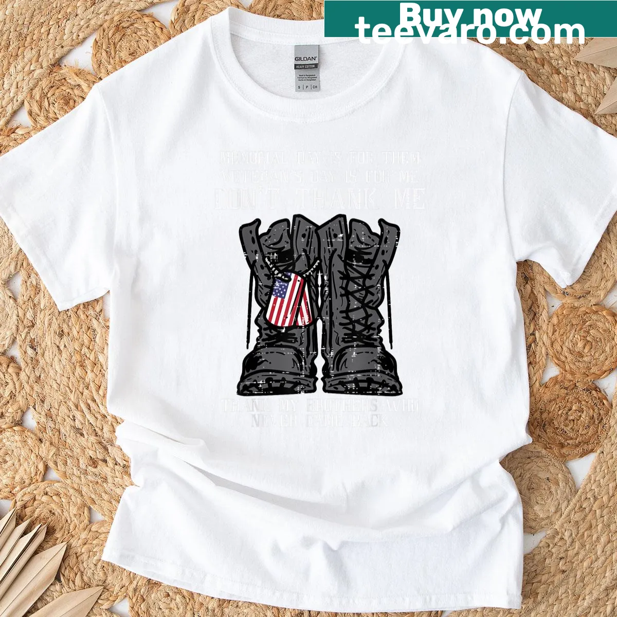 Military boots and dog tag graphic T-shirt honoring veterans — on a men's t-shirt