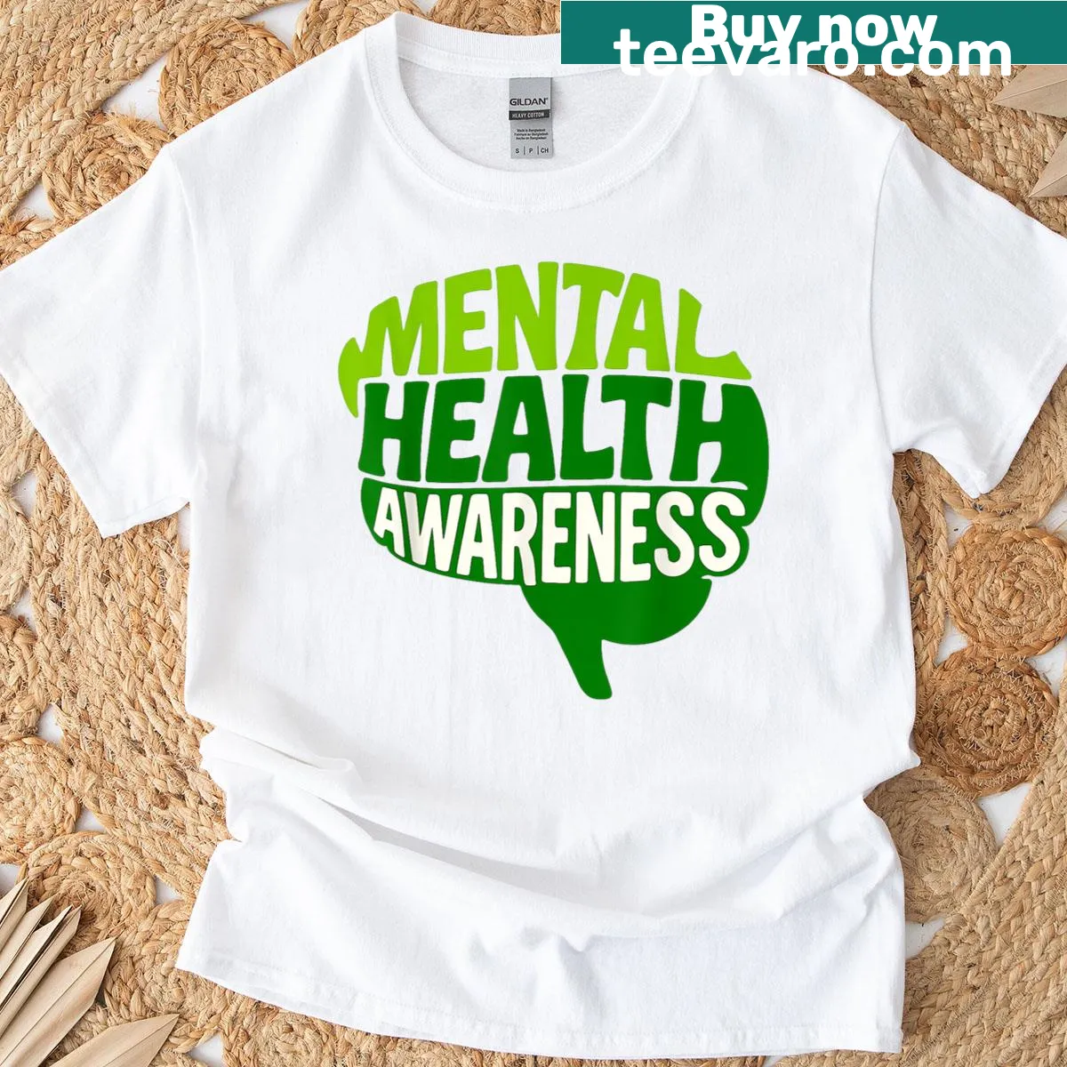 Mental health awareness T-shirt with green human brain illustration — on a men's t-shirt