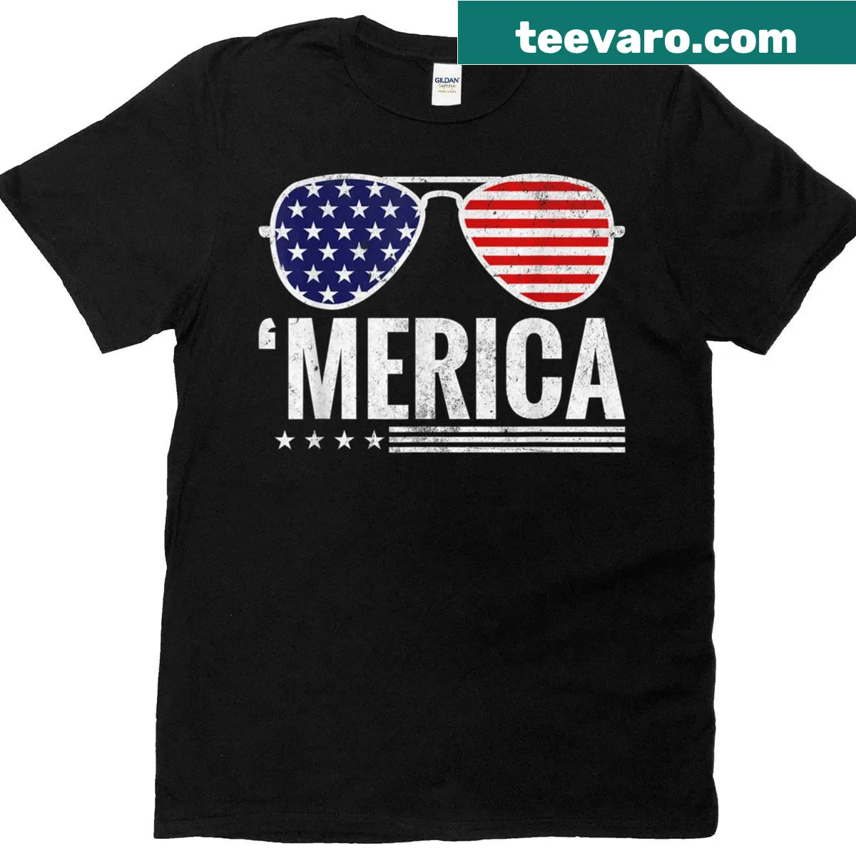 Patriotic T-shirt with American flag sunglasses graphic — on a men's t-shirt