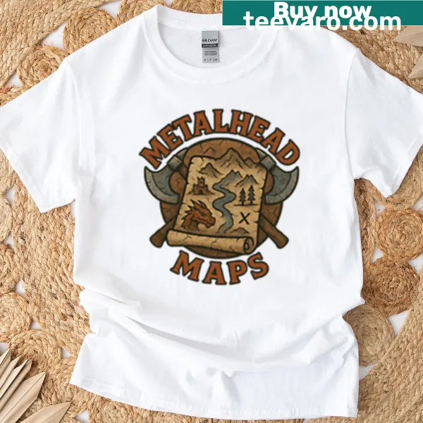 Bold graphic tee featuring Metalhead Maps logo