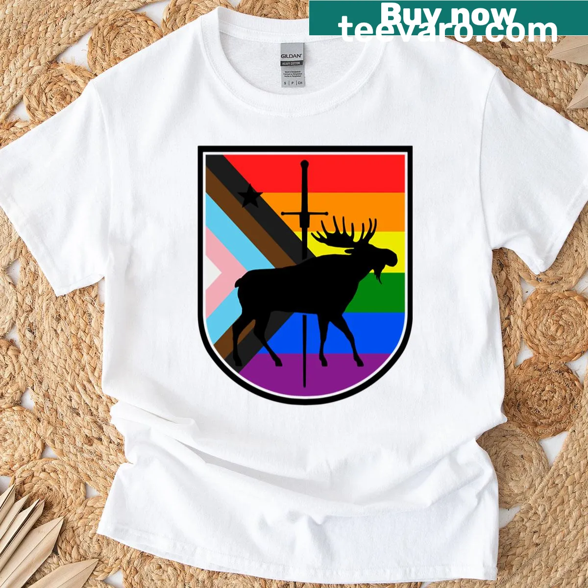 Mhf Progress Pride T-shirt with black border featuring the pride flag — on a men's t-shirt