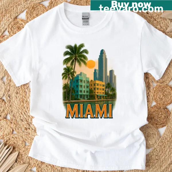 Retro Miami sunset graphic on an oversized t-shirt