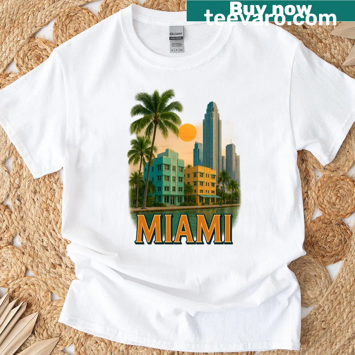Retro Miami sunset graphic on an oversized t-shirt — on a men's t-shirt