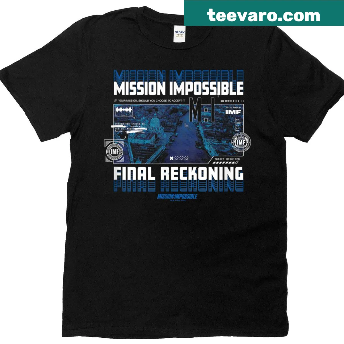 Futuristic typography design of 'The Final Reckoning' from Mission Impossible on a t-shirt. — on a men's t-shirt