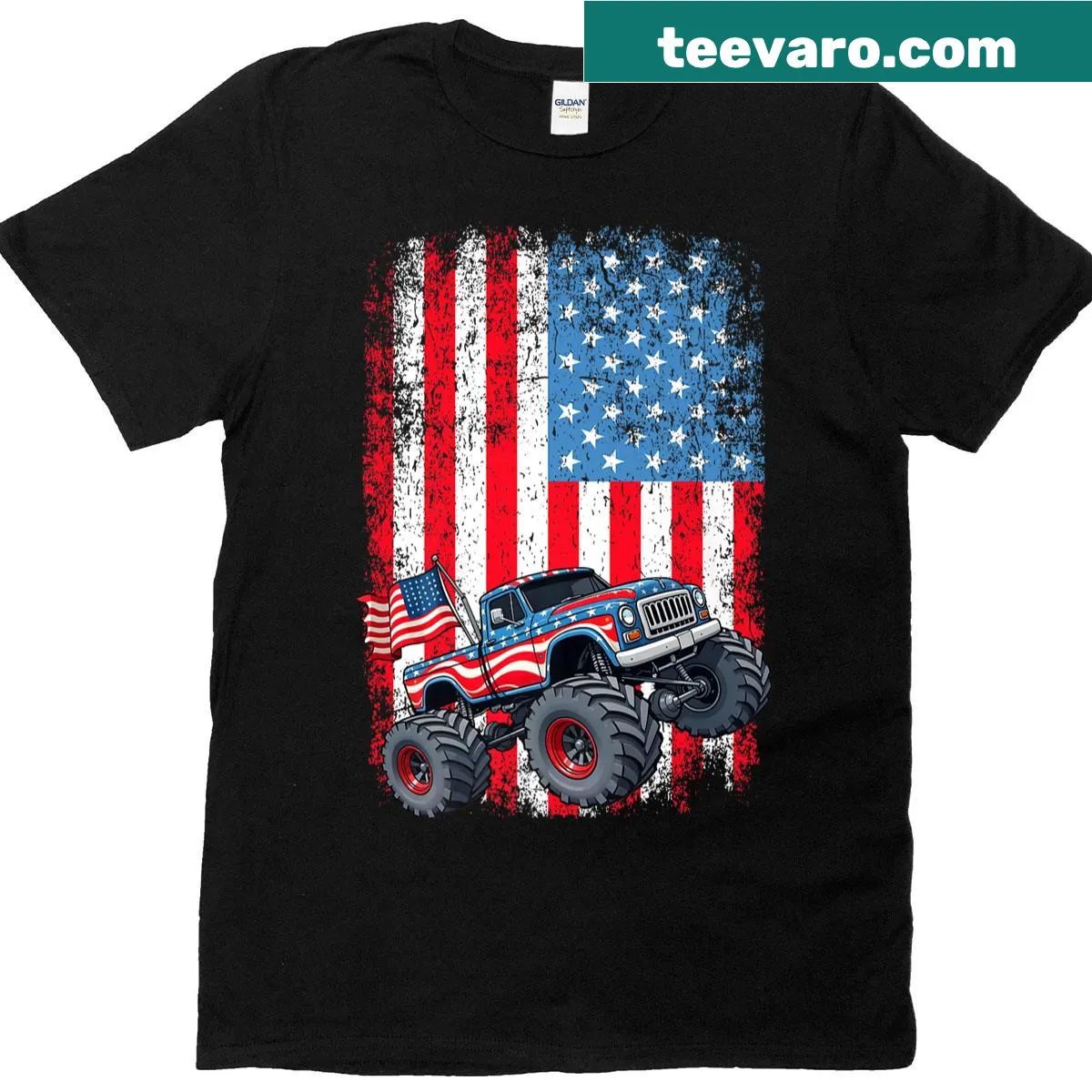 Patriotic T-shirt featuring monster truck graphic with American flag — on a men's t-shirt