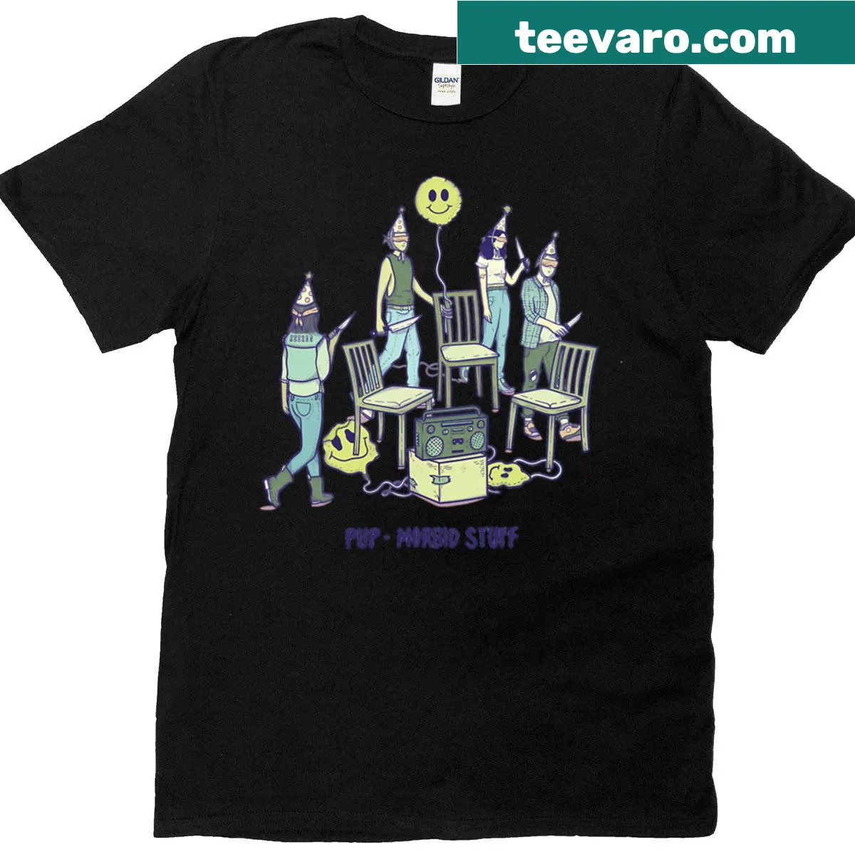 Morbids t-shirt featuring a quirky spooky illustration — on a men's t-shirt