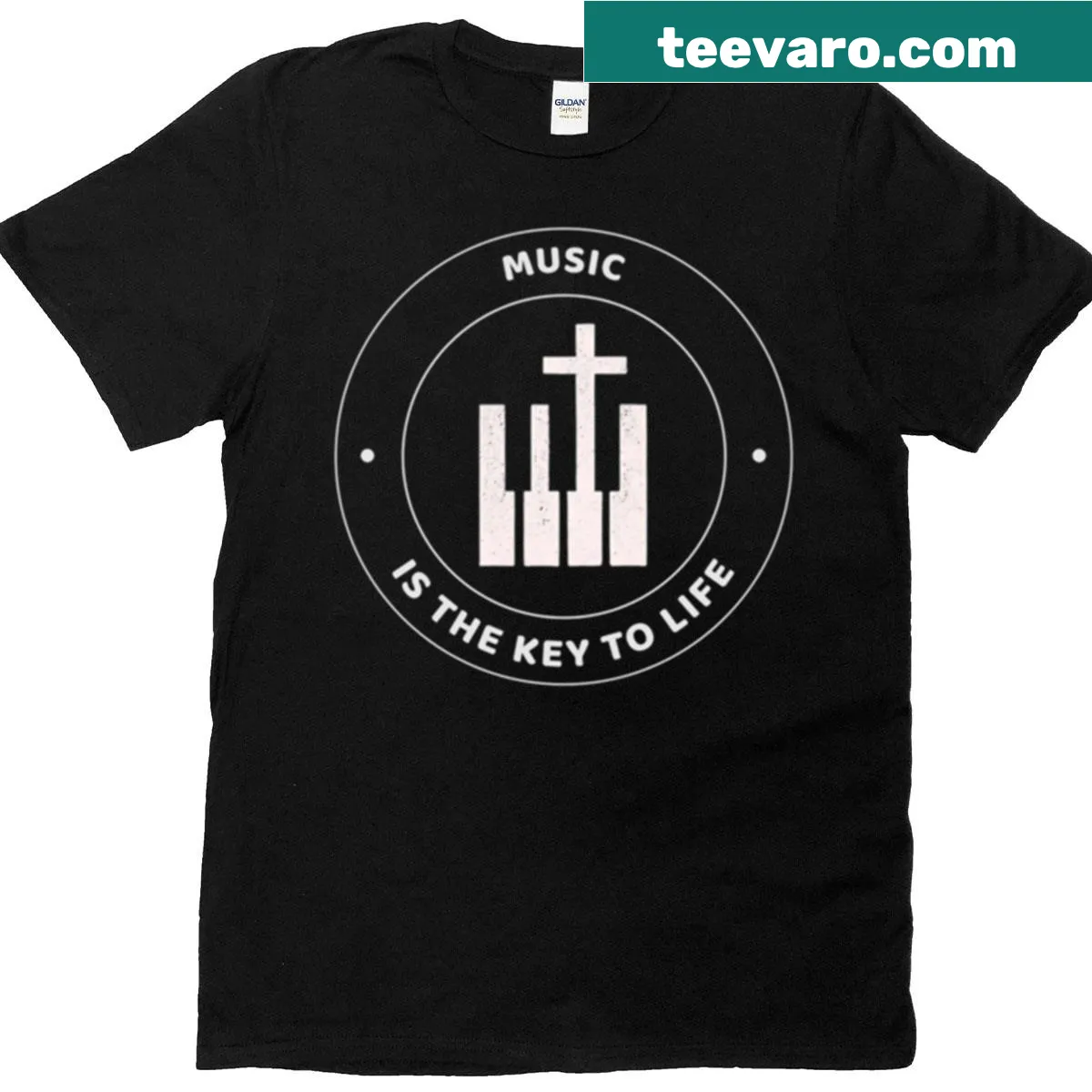 Inspirational typography T-shirt with 'Music Is The Key To Life' text. — on a men's t-shirt