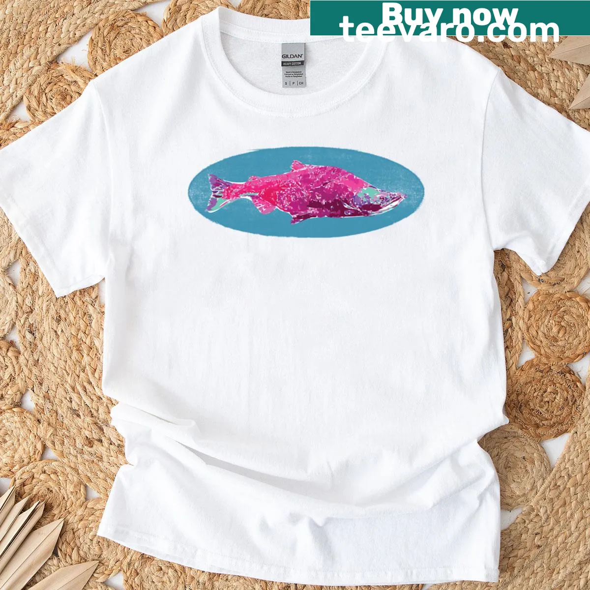 Illustrated neon sockeye salmon T-shirt — on a men's t-shirt
