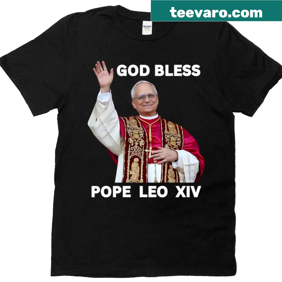Typographic T-shirt honoring Pope Leo XIV and Catholicism — on a men's t-shirt