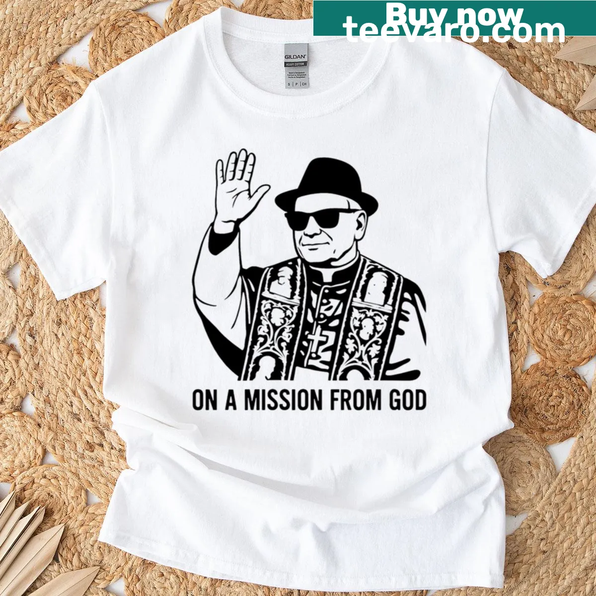 Funny t-shirt with 'On A Mission From God' phrase — on a men's t-shirt
