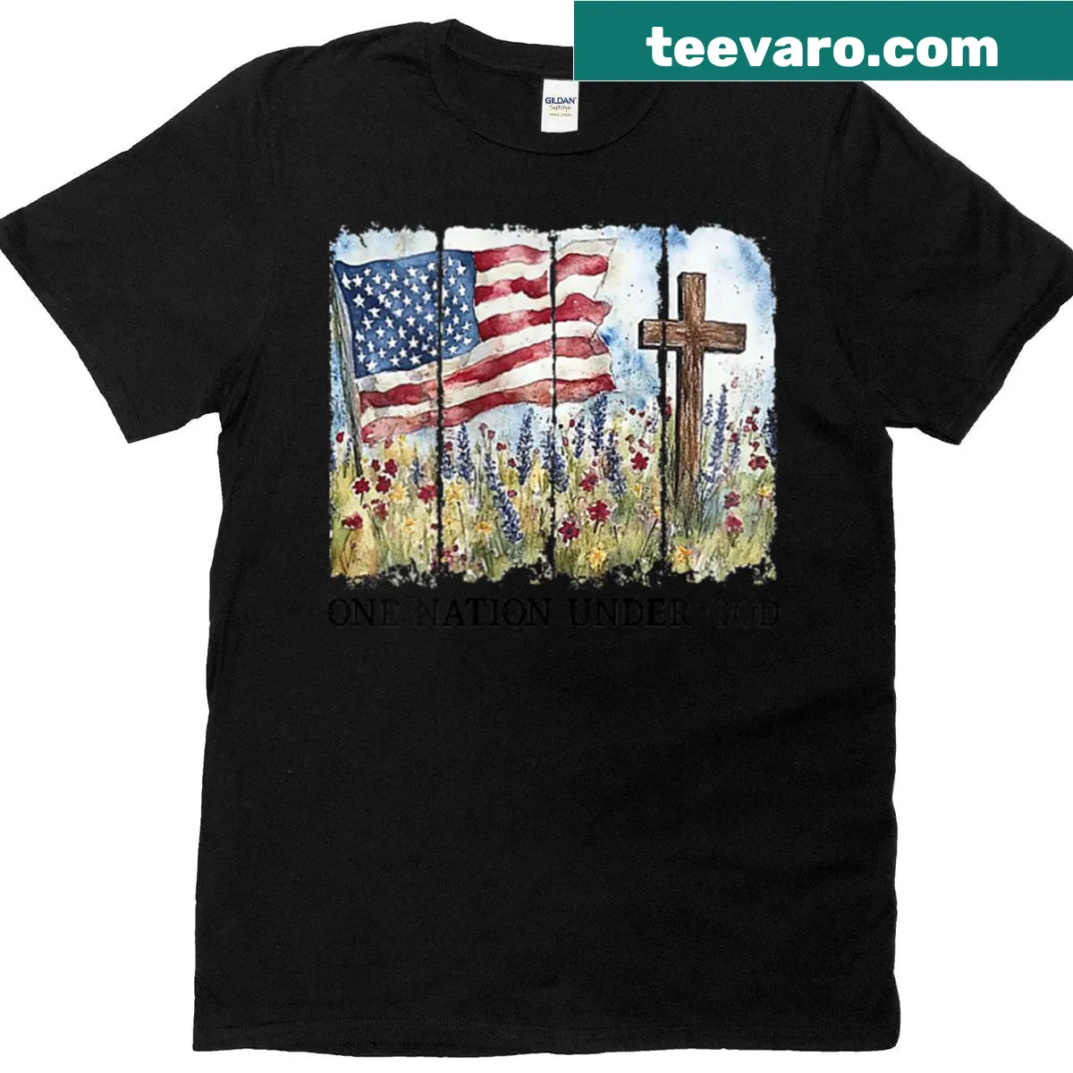 Floral and flag design with 'One Nation Under God' on a women's T-shirt — on a men's t-shirt