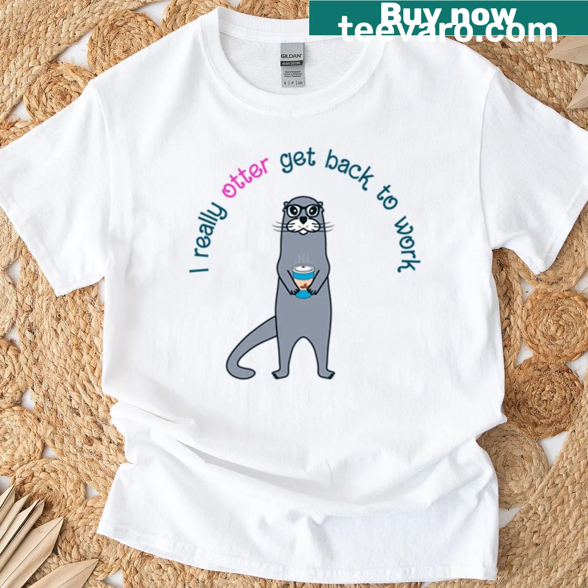 Cute otter cartoon T-shirt celebrating coffee motivation — on a men's t-shirt