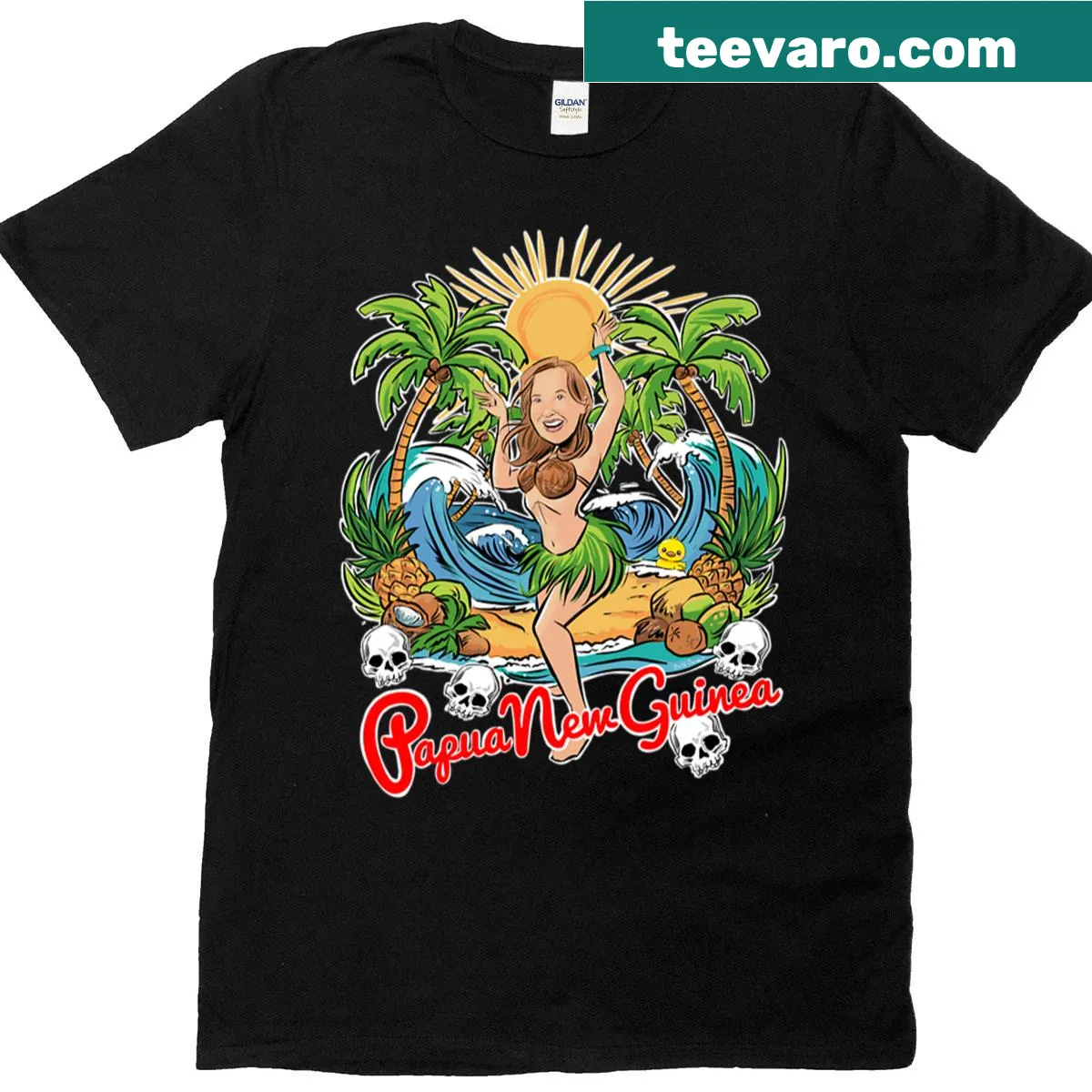 Illustrated T-shirt featuring Papua New Guinea surf culture — on a men's t-shirt