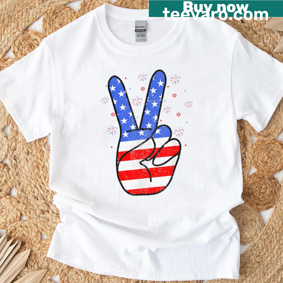 Peace sign hand filled with American flag for 4th of July — on a men's t-shirt